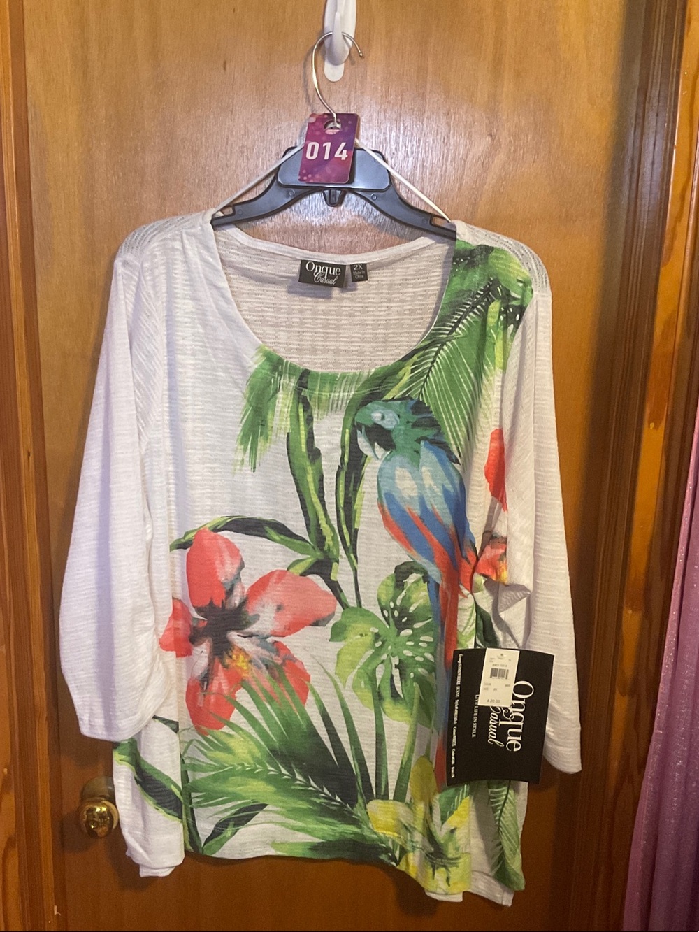 14 - Onque Casuals White Tropical Parrot & Floral Long Sleeve Top